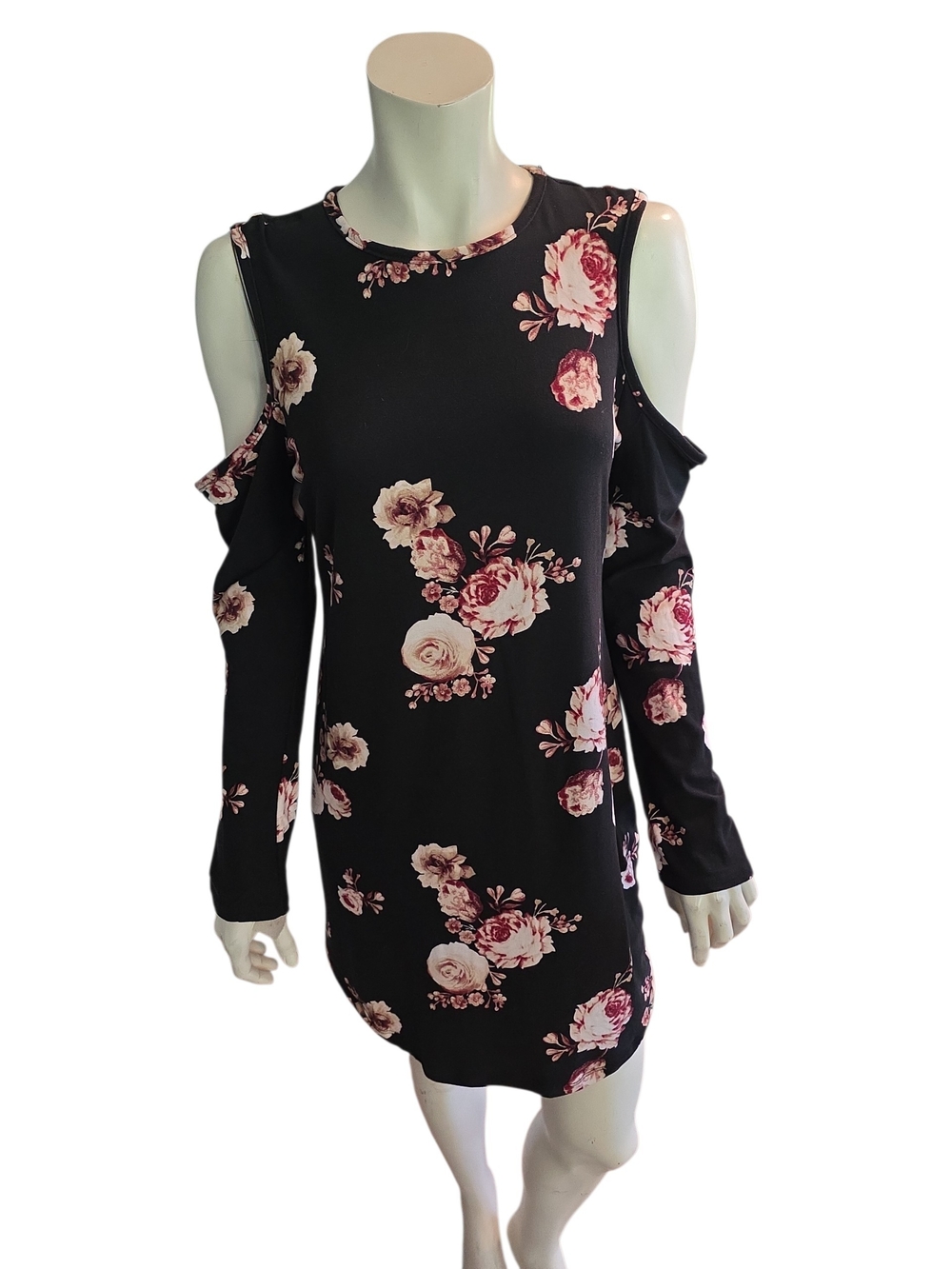 J for Justify Black Cold-Shoulder Mini Dress with Pink Floral Print